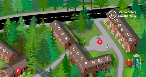 Map showing cedar select townhome 17 location within the wooded community.