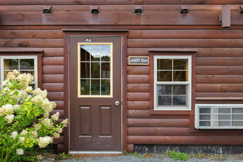 Exterior view of a rustic laundry room entrance with flowering bushes.