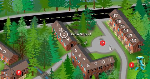Map showing cedar suites and nearby playground in a forested setting