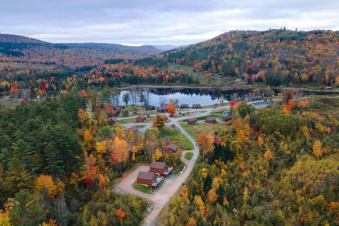 Aerial view of rustic cabins nestled among colorful autumn trees by a peaceful lake.