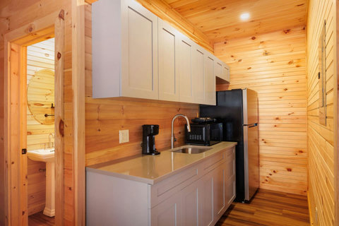 Compact kitchen with modern cabinetry and stainless steel appliances in a wood-paneled cabin.