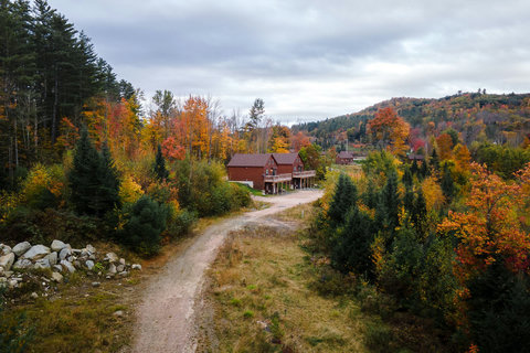 Rustic cabins nestled among colorful autumn trees with a winding dirt road.
