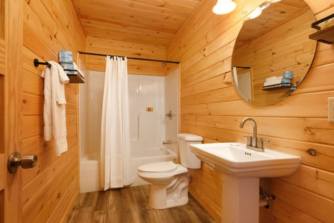 Rustic bathroom with wood-paneled walls and a modern pedestal sink.