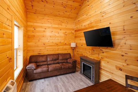 cozy living area with a brown sofa, mounted flat-screen tv, and electric fireplace in a wood-paneled room
