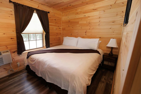 Cozy bedroom with wood-paneled walls and a large window for natural light