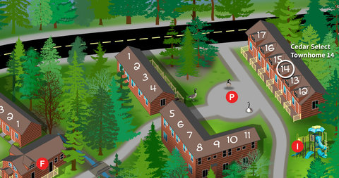 Map showing the layout of cedar select townhomes and nearby amenities in a wooded setting