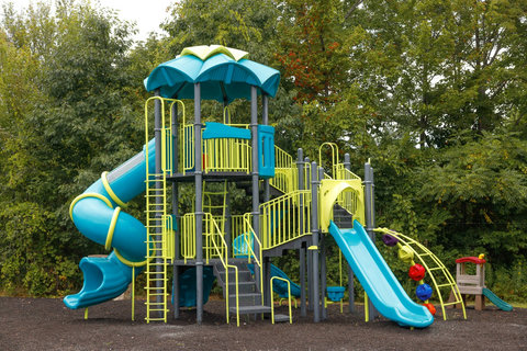 Outdoor playground with multiple slides and climbing structures surrounded by trees.
