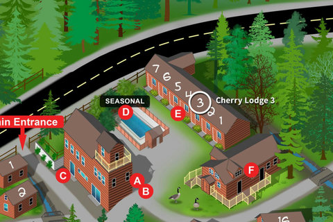 Map showing cherry lodge 3 and nearby seasonal pool in a forested setting.