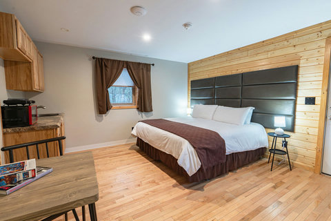 Cozy room with a king-size bed and wood-paneled accent wall