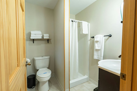 Compact bathroom with a shower, toilet, and neatly arranged towels for convenience.