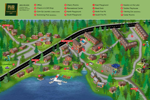 Map of presidential mountain resort highlighting cabins, playgrounds, and lake amenities.